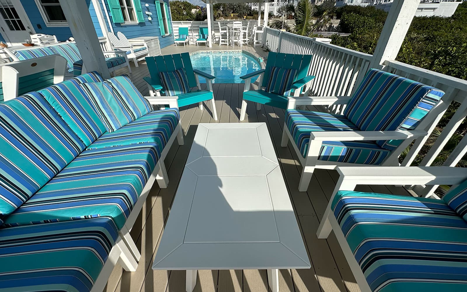 View from the gazebo across the pool to the water