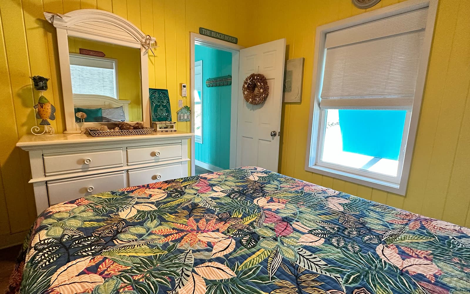 Queen bedroom looking out toward the island light